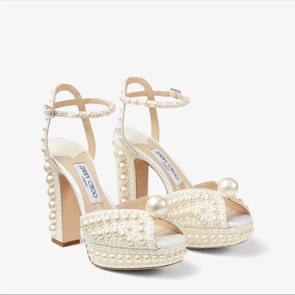 New Sacaria 120 White Satin Platform Sandals with All-Over Pearl Embellishment